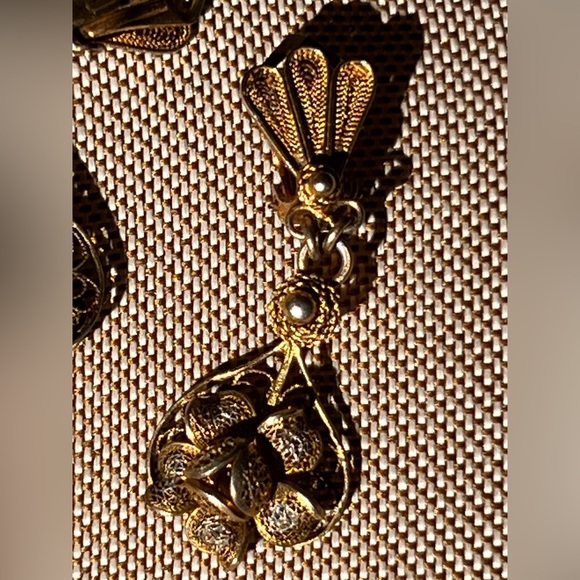 Victorian Etruscan filagree art nouveau Revival gold silver signed 925 Earrings - Picture 5 of 12